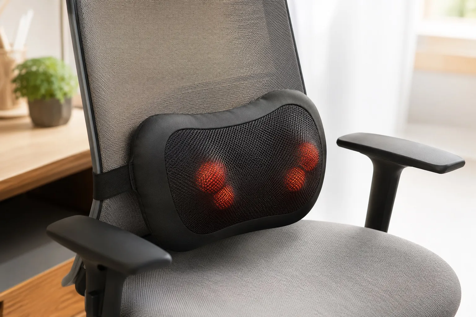 Shiatsu-Massagekissen mit beheizten Massageköpfen per Gurt am Bürostuhl im Lendenbereich fixiert