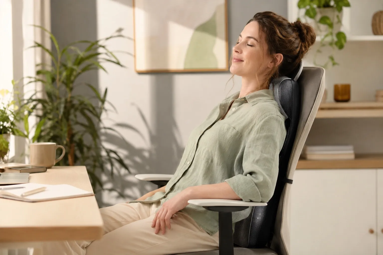 Shiatsu-Massagekissen am Bürostuhl während einer kurzen Pause im Homeoffice