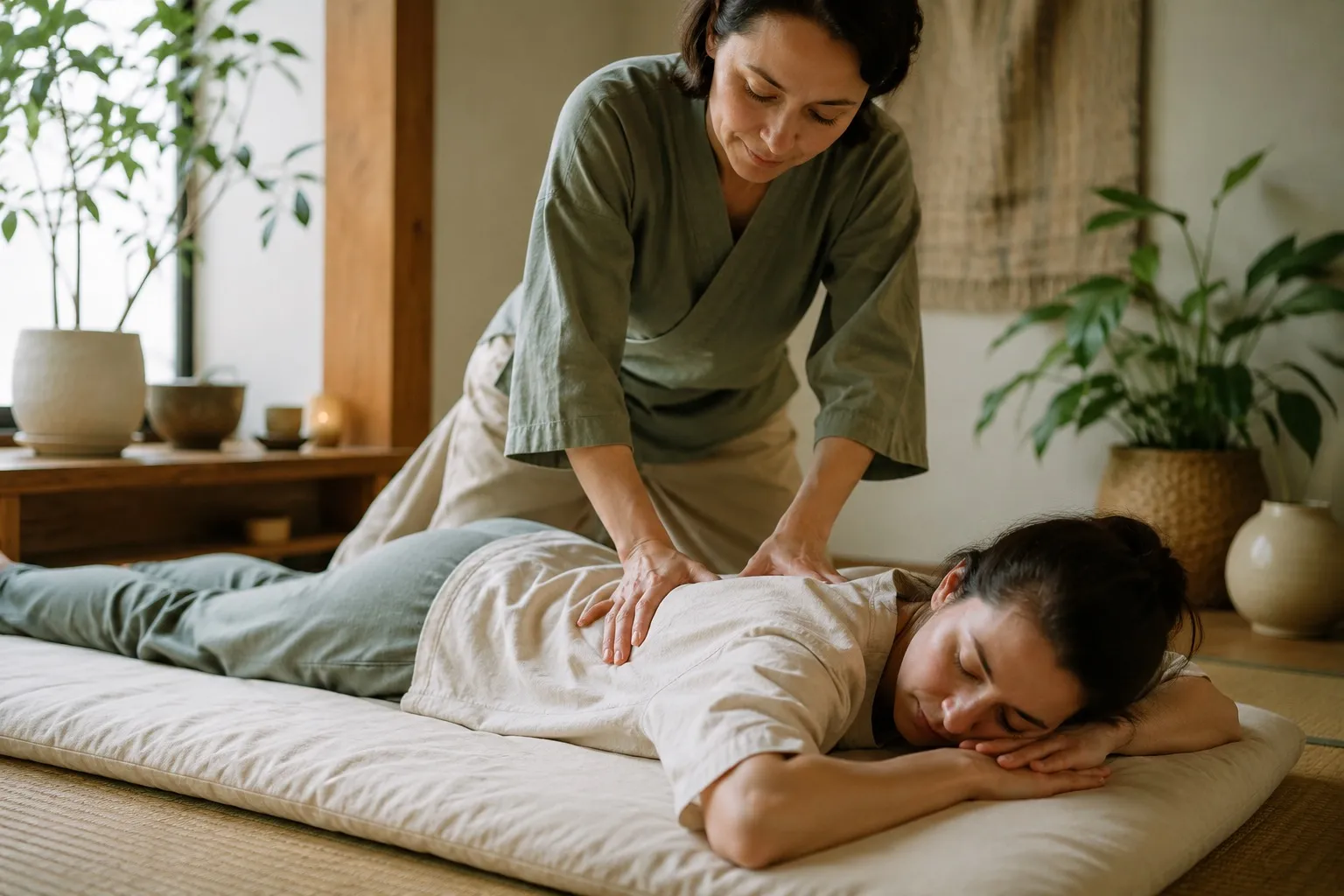 Shiatsu-Behandlung: Therapeutin übt Druck auf den Rücken einer Klientin auf einer Futonmatte aus